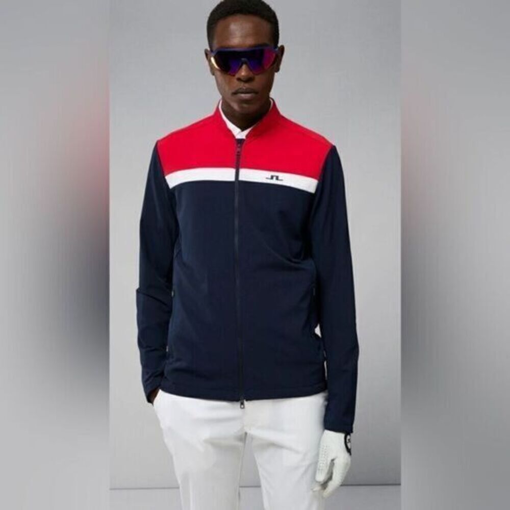 NWT J. Lindeberg Men’s KV Hybrid Jacket Blue Red Logo Water Repellent Full Zip M